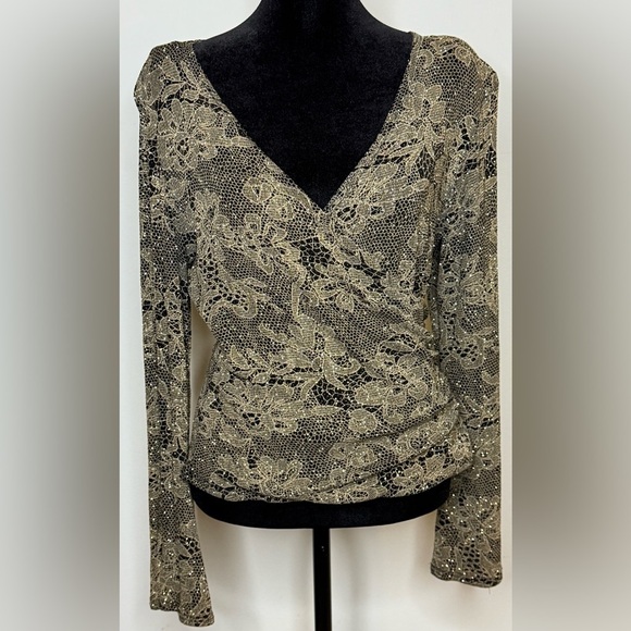 Vintage MSK gold and black faux wrap shimmer V neck dressy occasion shirt medium - Picture 4 of 10